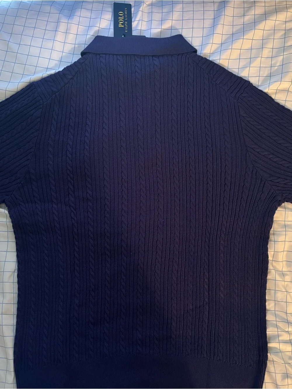Polo Ralph Lauren Cable Knit Cotton Sweater Polo Shirt Navy Blue Size L NWT